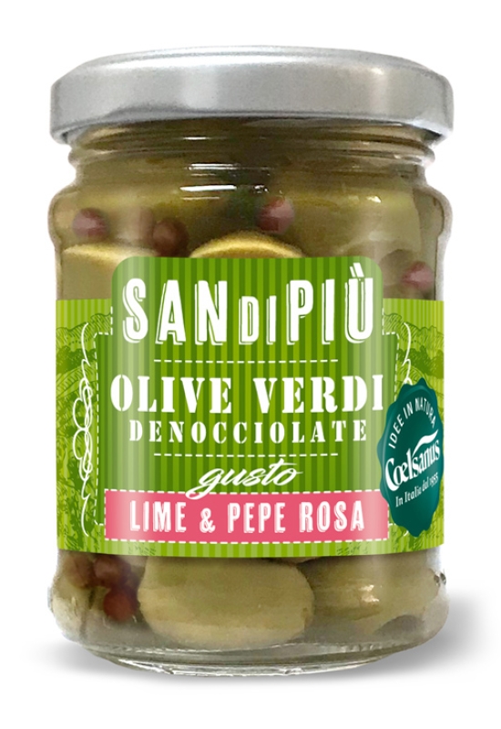 Olive verdi denocciolate - gusto lime e pepe rosa