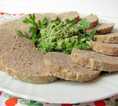 Meatloaf with caper sauce and baby gherkins